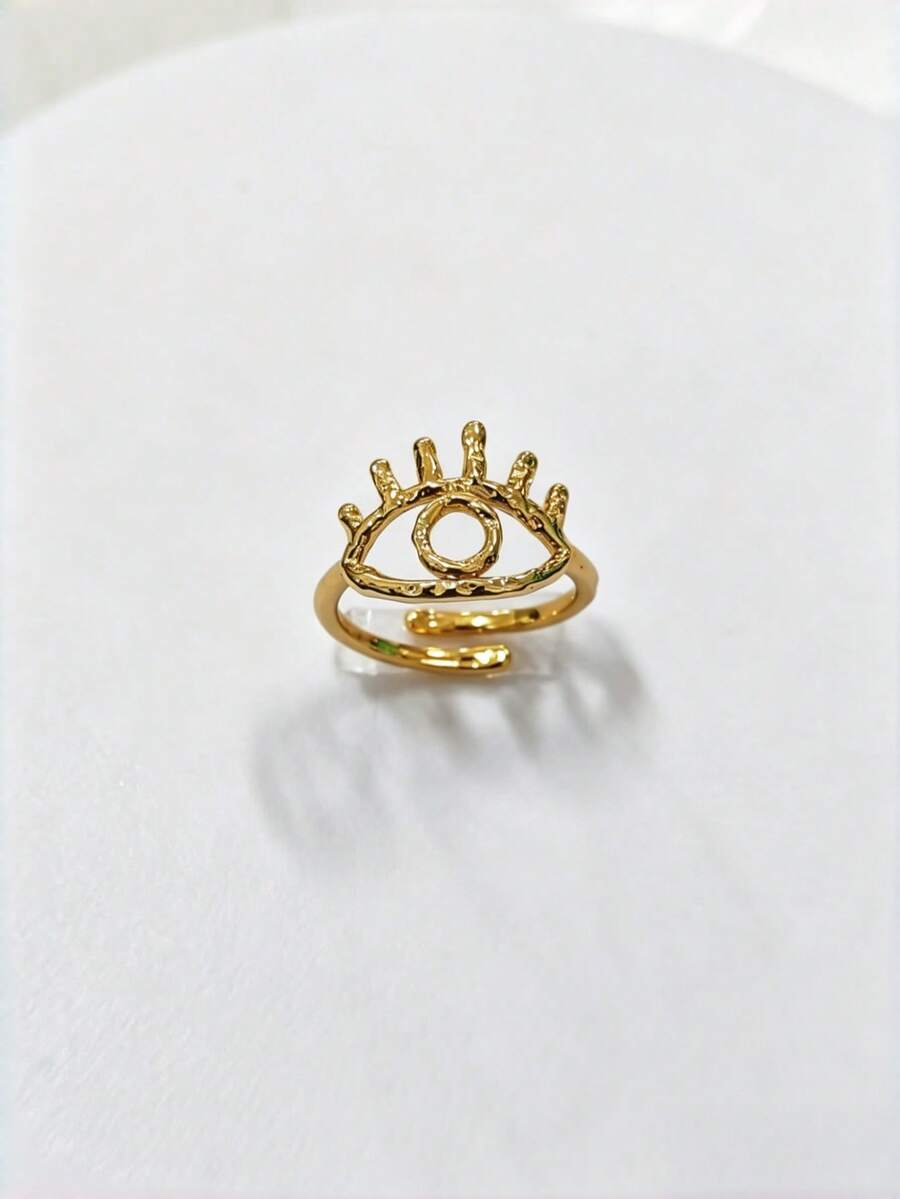 Anillo de Ojo Malvado para Mujeres, Anillo de Banda Abierta Minimalista de Cobre Puro, Accesorio de Moda, Tamaño de Anillo Ajustable - Dorado - Ver 1