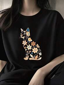 Women's Short Sleeve T-Shirt - Japanese Korean Style Loose Fit Round Neck Floral Print Top, Breathable Stretch Fabric For Spring Summer Fall Casual Wear, Machine Washable - Black - View 1