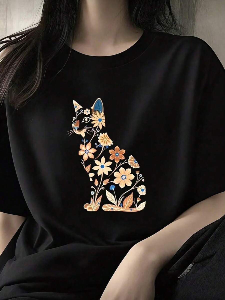 Women's Short Sleeve T-Shirt - Japanese Korean Style Loose Fit Round Neck Floral Print Top, Breathable Stretch Fabric For Spring Summer Fall Casual Wear, Machine Washable - Black - View 1