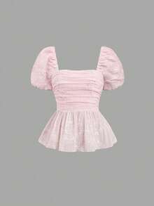 Nuevo 2026 Blusa de mujer de manga corta con volantes, bordado floral romántico estilo francés, para primavera/verano - Rosa - Ver 1