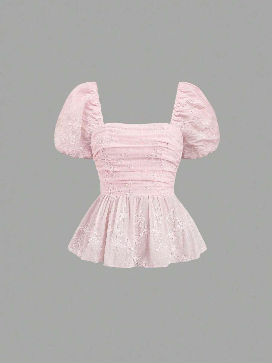 Nuevo 2026 Blusa de mujer de manga corta con volantes, bordado floral romántico estilo francés, para primavera/verano - Rosa - Ver 1