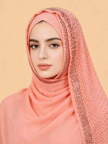 1pc Women Solid Color Chiffon Rhinestone Long Scarf Soft Headscarf Hijab Arabic Casual Long Scarf Conservative Solid Color Head Wrap For Middle East Daily Use Abaya Accessories - C17 White - View 16
