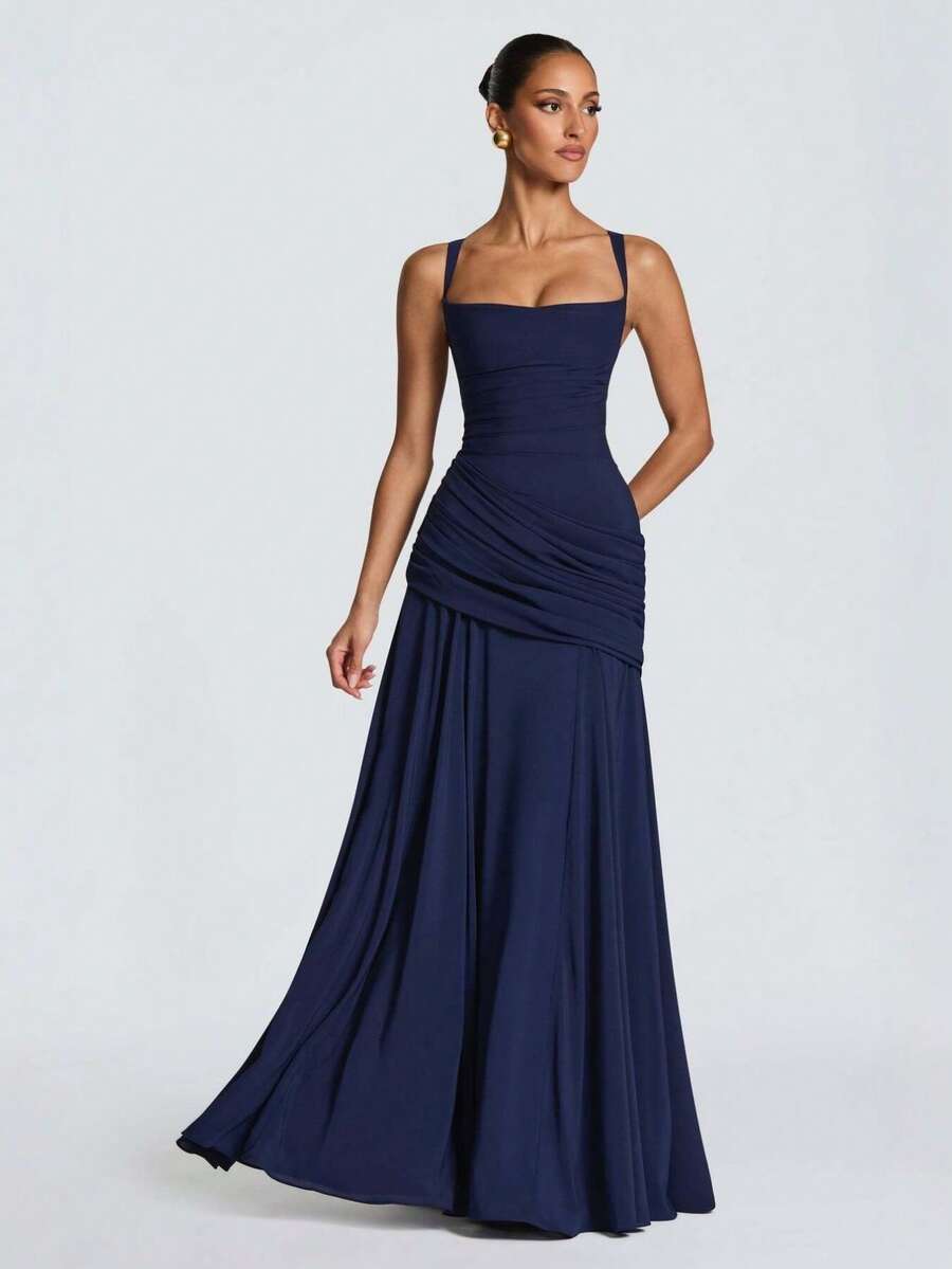 Elegant Women's Casual Party Dresses, Solid Color Strapless Sleeveless Fitted Waist Full Skirt European American Style Prom Dress - 金色 - 查看 1