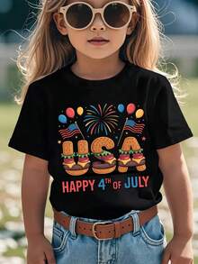 Girls' Short-Sleeved T-Shirt From The 'American Independence Day' Collection With Cartoon Prints Such As 'HAPPY 4TH OF JULY', Hamburger, United States, American Flag - 黑色 - 查看 1