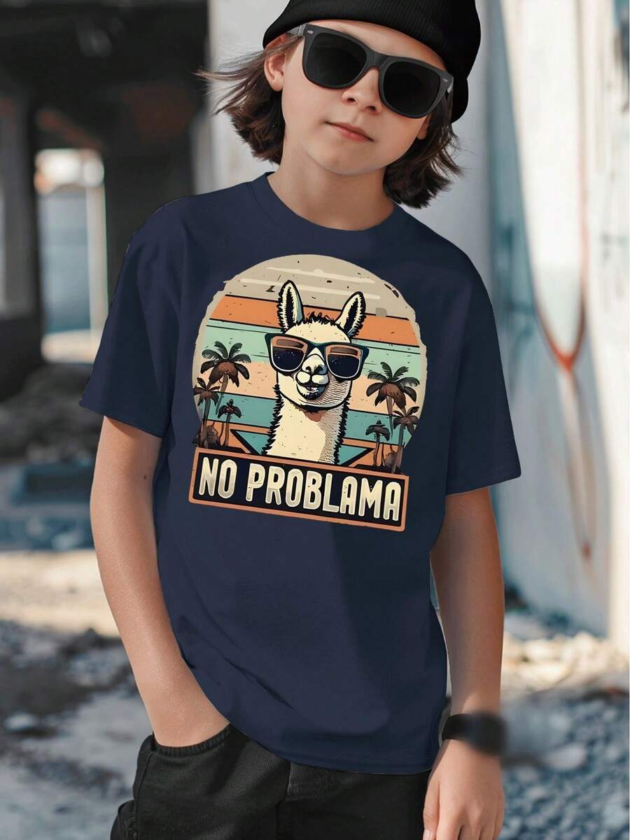 Boys' T-Shirt, Casual And Modern, Summer Fashion With Alpaca Print, Sunglasses And Palm Trees In Retro Sunset Style, For Children Aged 5 To 13 Years, No Problematic Prints, Gift - 灰色 - 查看 1