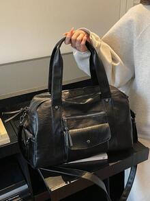 Bolso ligero de gran capacidad para viajes cortos para mujer, bolso de mano de moda para viajes de negocios, bolso de equipaje portátil, bolso de gimnasio para entrenamiento deportivo, bolso de un solo hombro bajo el brazo, bolso bandolera para desplazamientos, bolso tote con múltiples bolsillos - Negro - Ver 4
