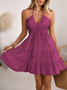 Women's Halter V-Neck Mini Dress, Ruched And Layered, Sleeveless, Ideal For Beach Vacations, Casual Daily Wear And Outdoor Picnic Outfits. - 粉紅紫色 - 查看 3