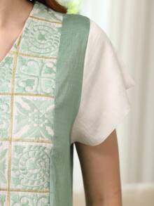 2026夏季新款綠色優雅刺繡阿拉伯女裝,JALABIYA拼接V領短袖洋裝,休閒旅行穿搭 - 薄荷綠 - 查看 9
