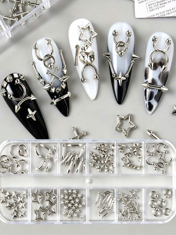 12-Grid Punk Metal Nail Art Decor Set, Y2K Baddie Metal Nail Accessories, Punk Style Pierced Rings, Hollow Circles, Bullet Head Rivets Mixed Decorations