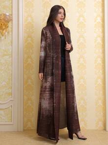 Middle Eastern Brown Printed Pleated Robe, Dubai-Style Elegant Plus-Size Coat, Arabian Women's Cardigan, Kafta (Exclusive Style). Z502 Vacation Fall - Brown - View 6