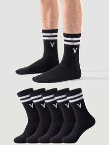 1/5/10/20 Pairs Black Letter Mid-Calf Socks, Striped Cuff Knitted Casual Street Style Mid-Calf Socks, Minimalist Yet Designed Overall Style, Suitable For Daily Commute, Casual Wear, Theme Parties, Holiday Gifts, Home Wear, Relaxed Style - Multicolor - View 2