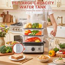 SUPERLEX 3-Tier Electric Food Steamer With 950W High-Power Fast Cooking, 9.6QT Large Capacity Multi-Tier Steamer For Family Dinners, Boil-Dry Protection, Dishwasher , 60-Min Timer, Stainless Steel White Steamer For Seafood, Vegetables, Chicken, Fish, Rice - View 4