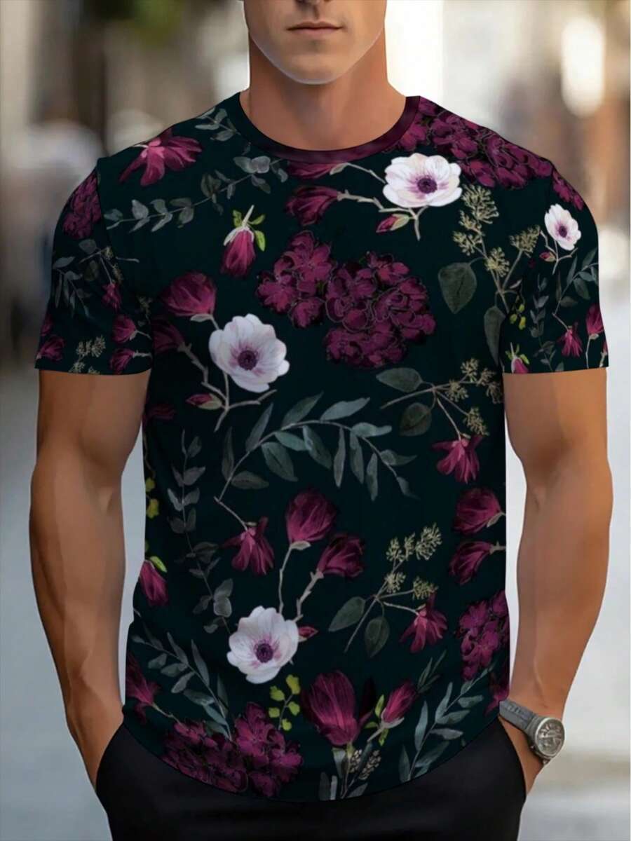 Men's Short Sleeve T-Shirt With Full Body Floral Print - Lightweight And Breathable Polyester Casual Top With Crew Neck, Dark Base And Pink/White Flowers - 黑色 - 查看 1