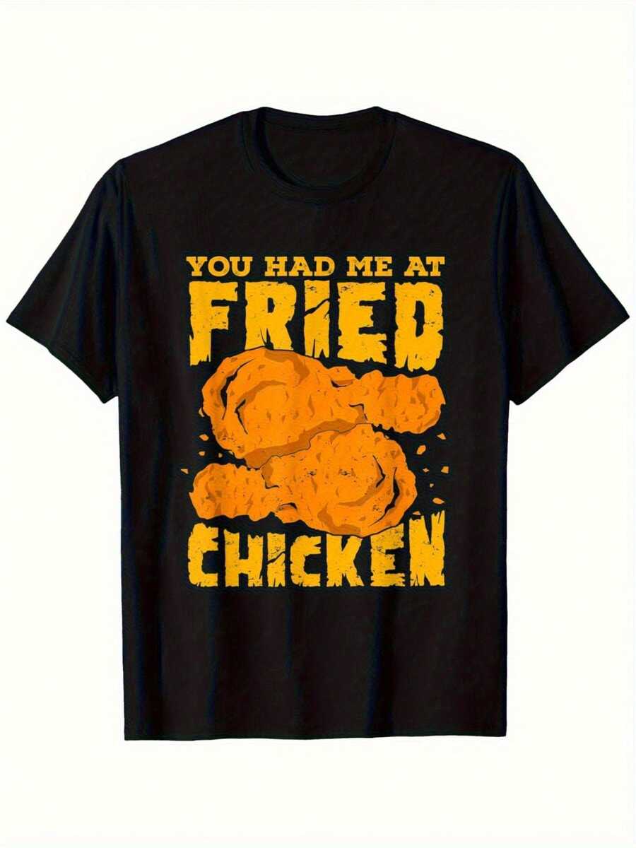 Men's Crew Neck T-Shirt, Humorous Design "Fried Chicken Makes Me Fall In Love With You", Versatile And Casual For All Four Seasons - White - View 1