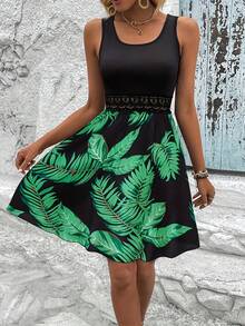 Vestido sin mangas con estampado tropical y ribete de encaje, ropa de mujer transfronteriza - Gris - Ver 6
