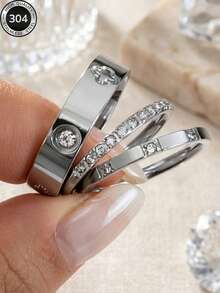 2026 New 304 Stainless Steel Silver Stackable Ring Set, 3pcs Clover And Full Rhinestone Rings, Hypoallergenic Minimalist Jewelry, Perfect Mother's Day Gift, Summer Vacation Accessory - Ring - View 1
