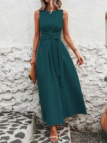 Sleeveless Casual Dress With Back Tie. Solid Color, Cool And Versatile. - Green - View 9