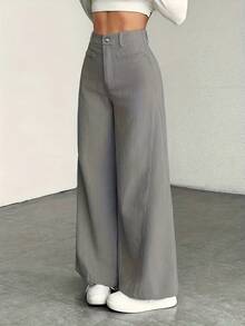 Women's High Waist Wide Leg Trousers - Corduroy Texture, Casual Pants, Comfortable For All Seasons, Machine Washable - 灰色的 - 查看 2