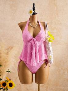 Conjunto de bikini de encaje con cuello halter y volantes para mujer: traje de baño de dos piezas favorecedor para aguas termales - Blanco - Ver 10