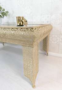 DOWNTON INTERIORS UK NEXT DAY SHIPPING Gold Embossed Metal Glass Moroccan Style Coffee Table - Gold - View 4