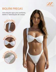 Women's Bikini With Thick Straps, Ruched Detail, High-Cut Bottom, Beachwear, Summer Style - White - View 7