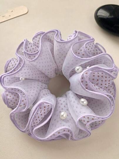 1pc Purple Polka Dot Pearl 4-Layer Scrunchie Hair Tie, Elegant High-End Hair Accessory For Women, Bun Hair Rope