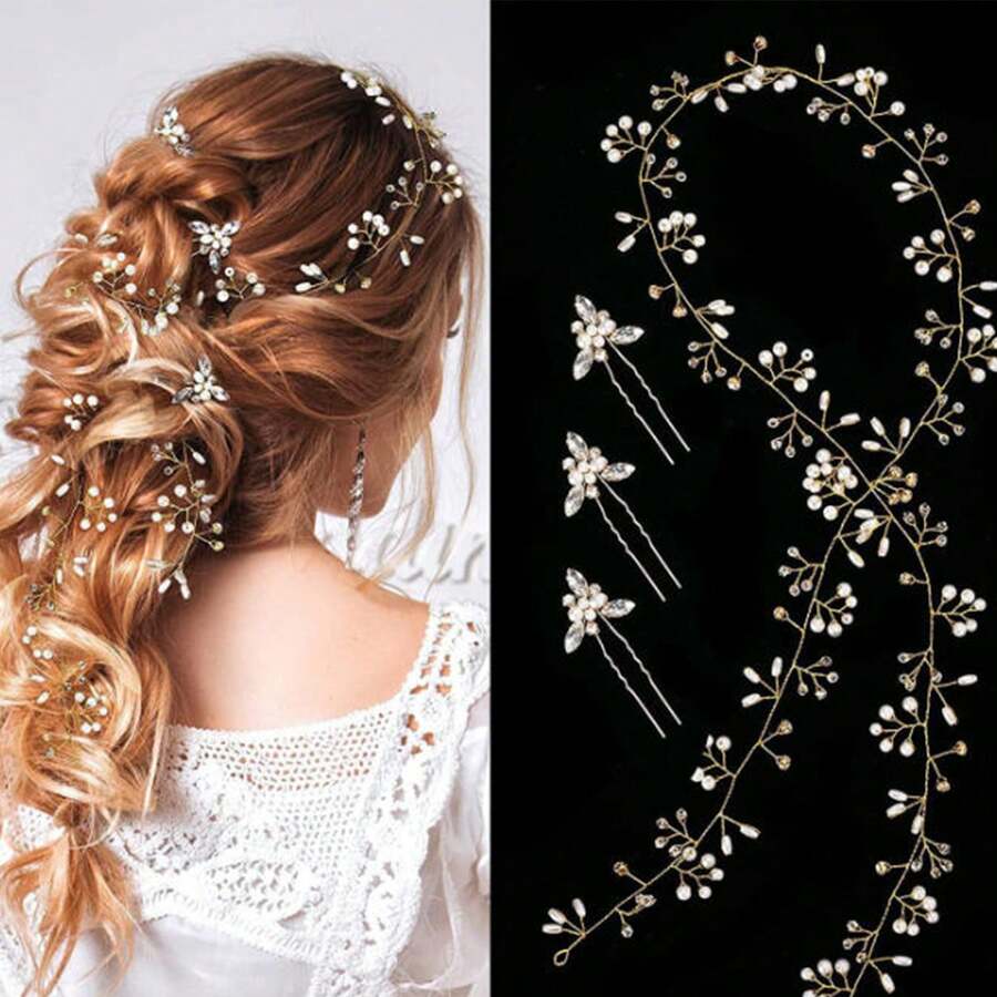 1 pièce Serre-tête en perles Accessoire pour cheveux pour mariée, style européen et américain, serre-tête en perles fait main de 1 m de long, accessoire de robe de mariée - Multicolore - Voir 1