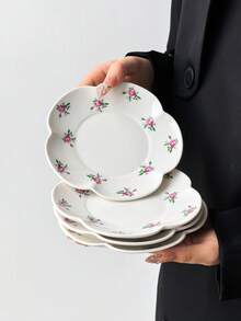 1 pieza/4 piezas Platos de cerámica con estampado floral multicolor, platos de 6 pulgadas con borde floral pintado a mano estilo Ins, plato para joyas, plato para postres, plato para aperitivos, plato para pasteles, bandeja, plato multiusos, regalo para amigos - Multicolor - Ver 21