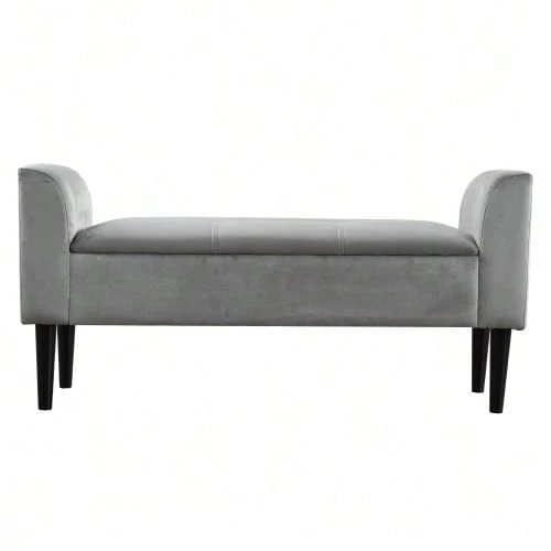 Upholstered Benches With Armrests, Bed Benches, Bed Stools, Bedroom Benches, Piano Benches, Dining Room Benches With Quilted Pattern, Velvet, MDF, Grey - Grey - View 1