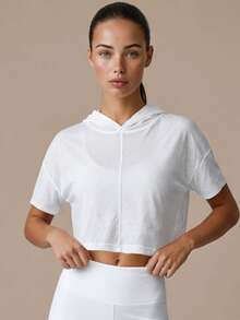 Women's Lightweight Short Sleeve Hooded Backless Batwing Short Sports Top, Yoga Fitness Running Workout T-Shirt - White - View 6
