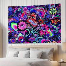 Mushroom Evil Eye Floral Tapestry, Vibrant Rainbow Vortex Abstract Pattern Wall Hanging, Dark Starry Sky Background, Bohemian Hippie Style Bedroom Living Room Dorm Aesthetic Photo Backdrop, Indoor Art Wall Carpet Home Decor - Multicolor - View 2