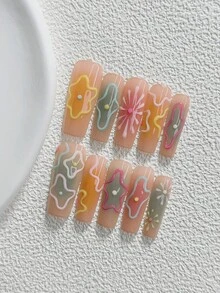 10pcs Graffiti Style Handmade Press-On Nails, Polygel Nail Art Set, Striped Hand-Painted Floral Design, Pink, Yellow, Green And Blue Nail Polish, Sweet Style, Includes Nail Tools, 3 Sizes Available, Almond, Duck, Coffin Shape, Suitable For Party, Dancing, Daily Wear - 彩色 - 查看 18