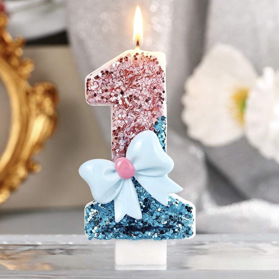 1件生日蠟燭,粉藍漸層生日蠟燭,亮片蝴蝶結裝飾,適用於生日派對、主題派對、節日派對等 - 多色 - 查看 1