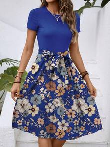 Vestido Midi Floral de Manga Corta y Cuello Redondo para Mujer, con Cintura Ajustable, Estilo Casual para Vacaciones de Verano - Azul - Ver 5