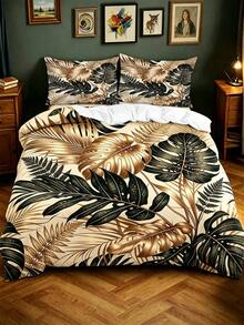 3pcs Black Gold Tropical Palm Leaf Pattern Duvet Cover Set (1*Duvet Cover + 2*Pillowcase, Without Core), Modern Minimalist Aesthetic, Luxury Vintage Monstera Fern Jungle Botanical Bedding Sleek Contemporary Bedding, Room Decor For Bedroom, Apartment - Multicolor - View 2