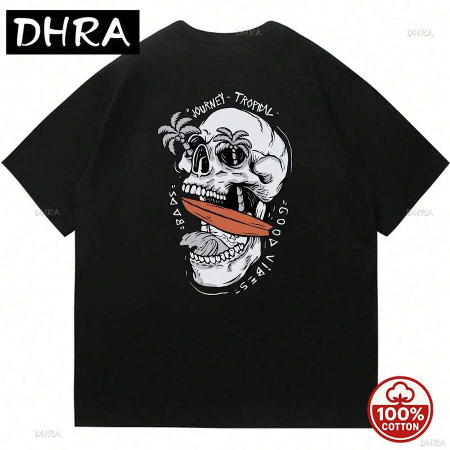 Summer 's pure cotton casual loose plus size personalized skull pattern printed round neck short sved T-shirt top Gift - Negro - Ver 1