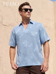 FEIAO Men's Vintage "Old Money" Style Blue Embroidered Shirt: A Versatile, High-Quality Pullover, Perfect For Casual Vacation - Blue - View 3