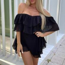 New  Summer Dress, Popular, Fitted, V-Neck, Off-The-Shoulder, A-Line Cut. - Black - View 1