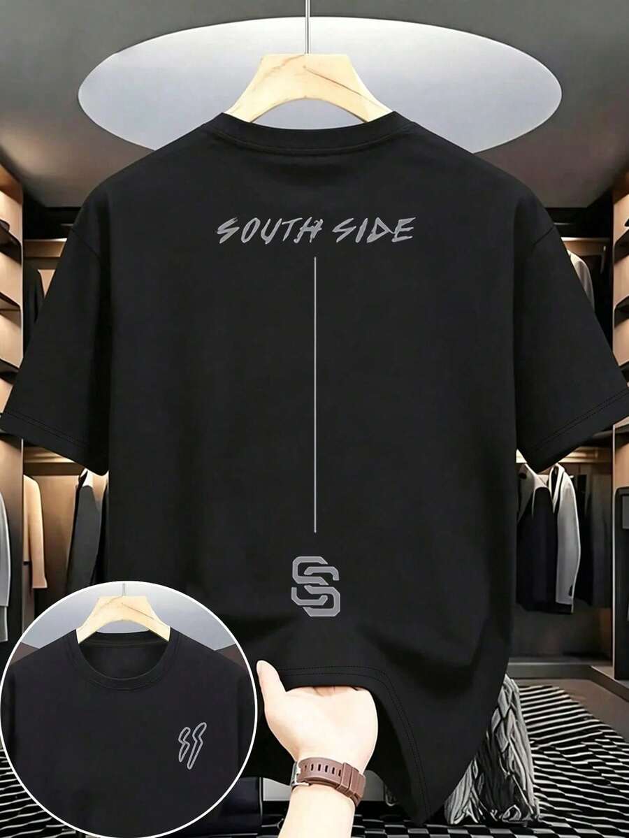 Manfinity Dauomo Camiseta de manga corta con cuello redondo y estampado de letras, de uso casual y versátil para hombres - Gris - Ver 1