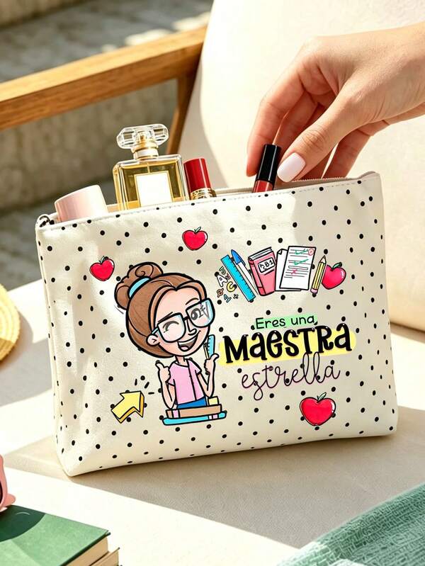 "Best Teacher" Theme Polka Dot Makeup Bag | Spanish French Print Travel Storage Bag | Travel Essential | Poolside Must-Have | Toiletry Bag | Pool Storage Bag | Mother's Day Gift | Teacher's Day Gift | Suitable For Mom, Teacher, Friend And Nurse | Summer Beach Bag | Home Essential | Graduation Gift | Easy To Clean Design | Portable Makeup Bag / Back To School Supplies