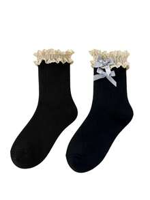 1 Pair Lace Trim Bow Jacquard Mid-Calf Socks, Sweet Girl Style Versatile Slouch Socks, All Season, With Ruffle Edge - Multicolor - View 5