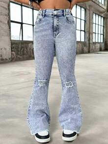 Girls' Vintage Washed Denim Jeans, Fashion Distressed Flare Leg Design, Streetwear, Campus, College Style - Blue - View 1
