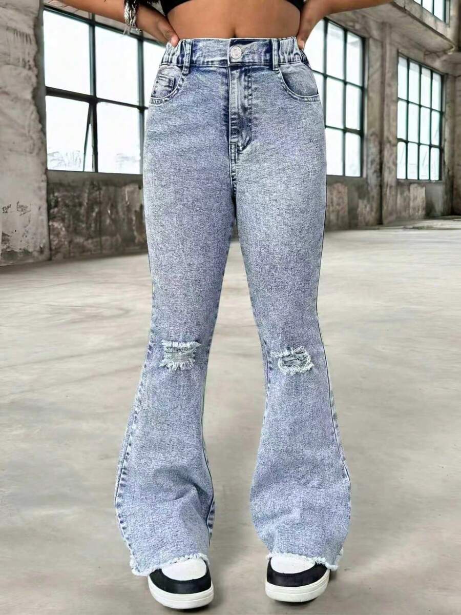 Girls' Vintage Washed Denim Jeans, Fashion Distressed Flare Leg Design, Streetwear, Campus, College Style - Blue - View 1