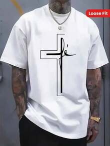 Camiseta gráfica de hombre 100%  con impresión de arte de cruz y líneas en negrita - Ajuste regular, manga corta, cuello redondo, camiseta casual para verano, ropa de exterior y casual, 100% - Multicolor - Ver 1