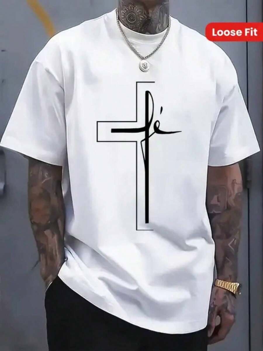 Camiseta gráfica de hombre 100%  con impresión de arte de cruz y líneas en negrita - Ajuste regular, manga corta, cuello redondo, camiseta casual para verano, ropa de exterior y casual, 100% - Multicolor - Ver 1