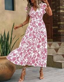 Maxivestido estampado de estilo bohemio para mujer – Diseño elegante con cuello en V y ajuste en la cintura - Marrón - Ver 9