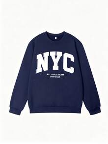 Women's Navy Blue NYC Large Letter Print Crew Neck Sweatshirt, Retro Campus ALL GIRLS TEAM Slogan Loose Drop Shoulder Long Sleeve Pullover, Casual Slouchy Basic Navy Blue Versatile Commuter Sweatshirt, Street Fashion Slimming Couple Style Daily Inner Layer Outer Wear Simple Crew Neck Top - Navy Blue - View 2