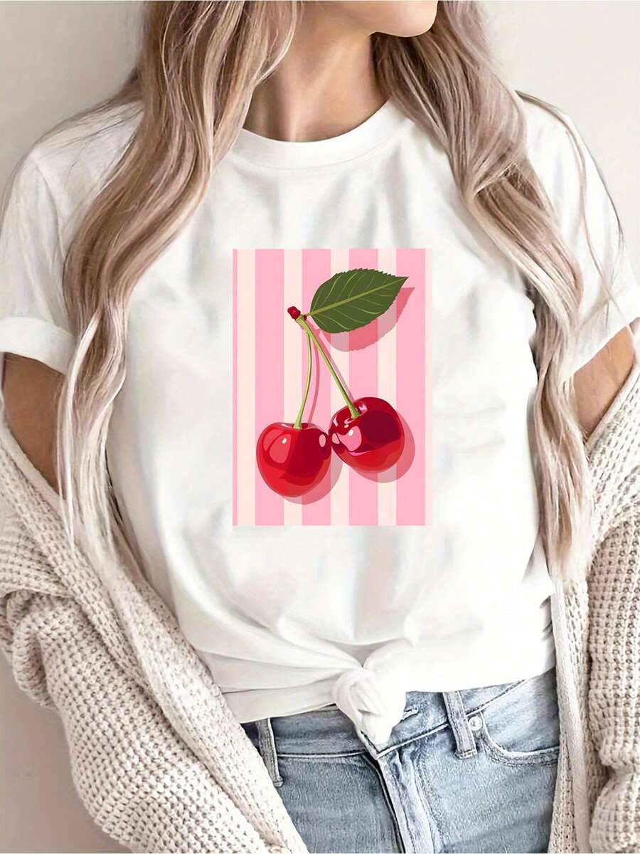 Y2K Women's Casual Summer T-Shirt. Fashionable Printed Short-Sleeve T-Shirt For Women, Featuring A Cherry Design, Round Neck, And A Casual Style Suitable For All Seasons. Available In Various Colors. - 白色 - 查看 1