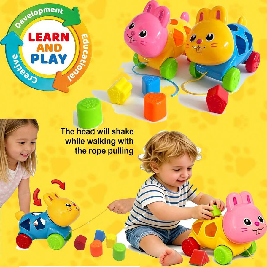 Un coche de juguete educativo de dibujos animados para tirar, que apoya el reconocimiento temprano de colores, desarrolla las habilidades de agarre y la capacidad de emparejamiento de formas, ideal para la interacción entre padres e hijos, regalos para niños y regalos de vuelta a la escuela