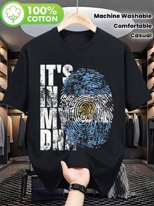 Men's Argentina Flag DNA Fingerprint Pattern T Shirt - "This Is In My.. DNA Lining"Casual Streetwear,Soft Round Neck T Shirt,Suitable For Outdoor Activities And Daily Wear - The Ideal Gift For Him,Machine Washable,Comfortable To Wear. - Black - View 1